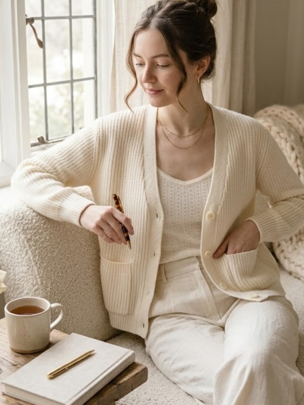 Cream Wool Blend Cardigan Cozy Knit Grandpa Aesthetic Vintage Minimalist Top